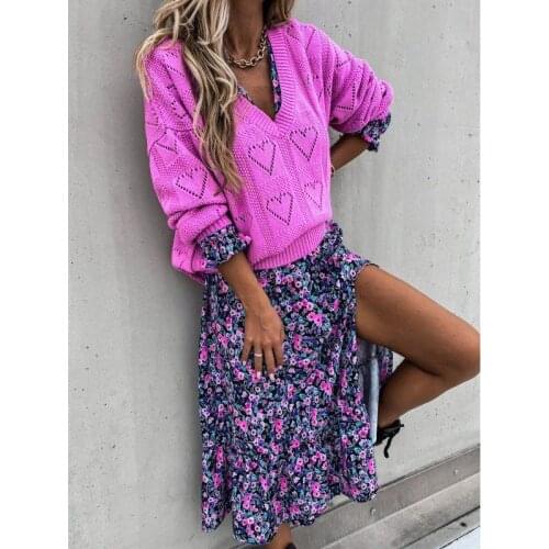 Foridol Hollow Out Heart Print Oversized Rose Red Lantern Sleeve Plus Size Women Sweater Autumn Winter White Casual Loose Pull