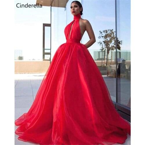 Cinderella Red High Neck Sleeveless Organza Ball Gown Backless Evening Dresses Women Party Dresses vestidos de fiesta de noche