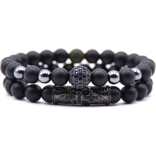 2PCS/SET Rose Gold Cylinder Matte Onyx Bracelet And Rhinestone Balls