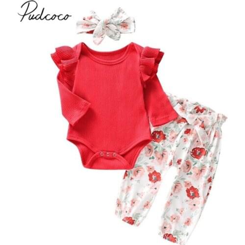 2019 Baby Spring Autumn Clothing 3PCS Newborn Baby Girls Tops Ribbed Knitted Romper Floral Pants Headband Outfits Set Clothes