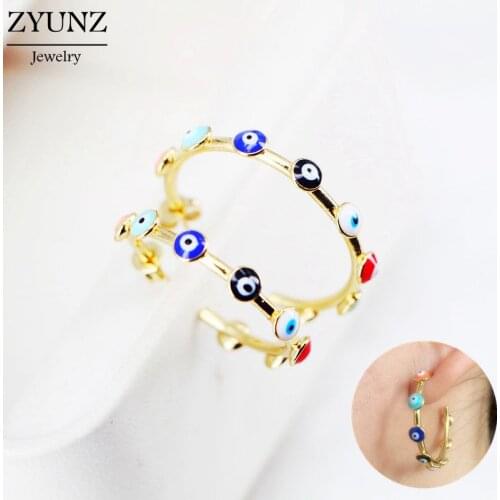 4 Pairs, Geometric Circle Enamel Evil Eye Earrings for Girl Gold Color Turkish Evil Eye Round Earrings