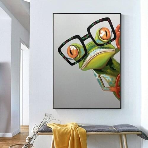 Abstract Animal Canvas Painting Green Glasses Frog Acrylic Painting Tree Frog Textured Cartoon Painting Large Living Room Decor