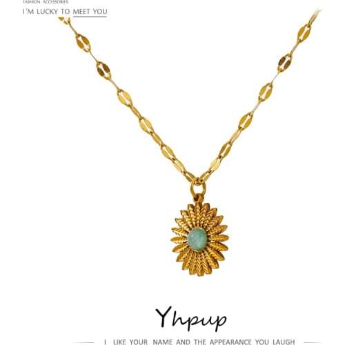 Yhpup 316L Stainless Steel Accessories Trendy Flower Natural Stone Pendant Neckalce Charm Metal Collar Golden Necklace Gift 2021