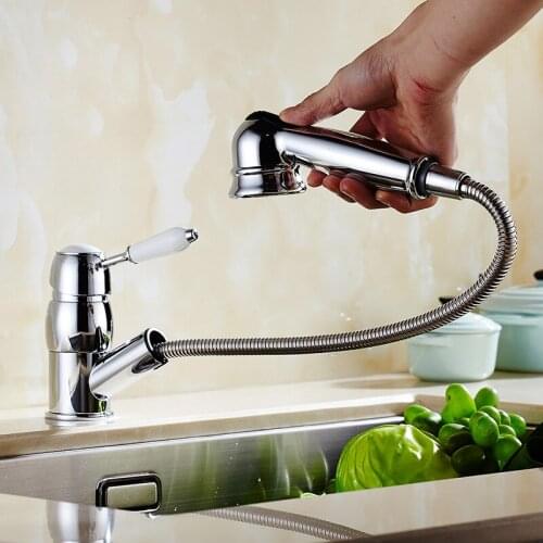 Free shipping chrome Polished Swivel Deck Mounted Single Hole Faucets,Mixers & Taps with pull out shower head