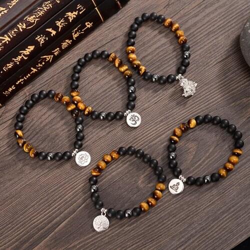 Spiritual Buddhist Yoga Bracelets Beaded Matte Onyx Hematite Tiger eye Stones Stretchy