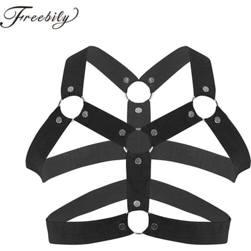 Hot Exotic Mens Lingerie Elastic Shoulder Chest Muscle Harness Belt with Metal O-rings Male Sexy Bondage Tanks Fancy Club Cage