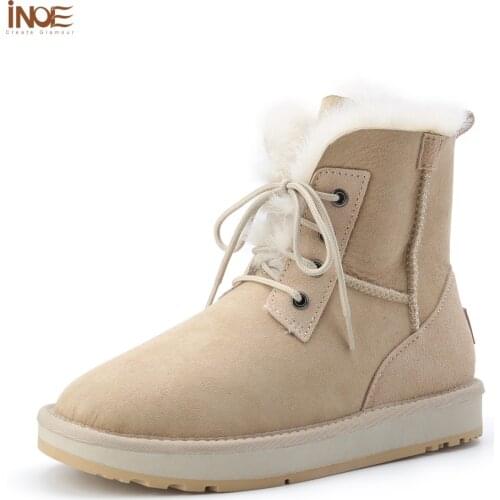INOE Sheepskin Suede Leather Women Fashion Casual Winter Ankle Snow Boots Natural Wool Fur Lined Warm Shoes Waterproof Beige