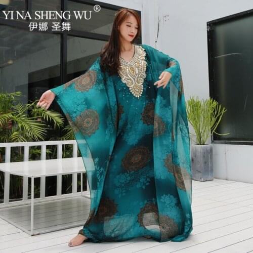 Belly Dance Costume Robe Belly Dance folk Persian Gulf Swing Dance Loose Robe Stge Performance Long Dress Big Flower Pattern