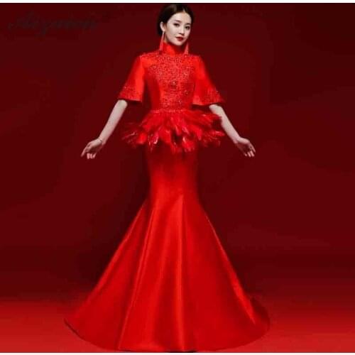Red Satin Dress Cheongsam Quality Qipao Modern Chinese Traditional Clothing Evening Dresses Oriental Style Stage Show Qi Pao