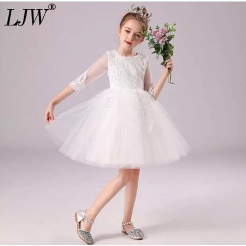 2021 girl princess lace long-sleeved wedding female four seasons girl Chinese big children solid color lace dress