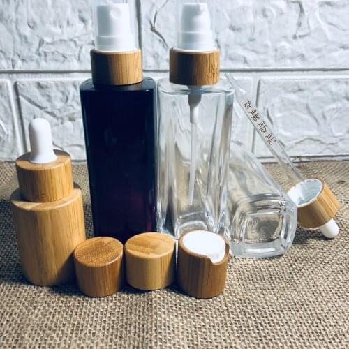 Square Glass Spray Bottle With Bamboo Lid Dropper Essential Oil Bottle Massage Oil Pipette Bottle Refillable Skincare Packaging