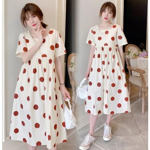 Summer Dot Printed Cotton Maternity Nursing Long Dress Sweet Casual A Line Loose Clothes for Pregnant Women Slim Pregnancy