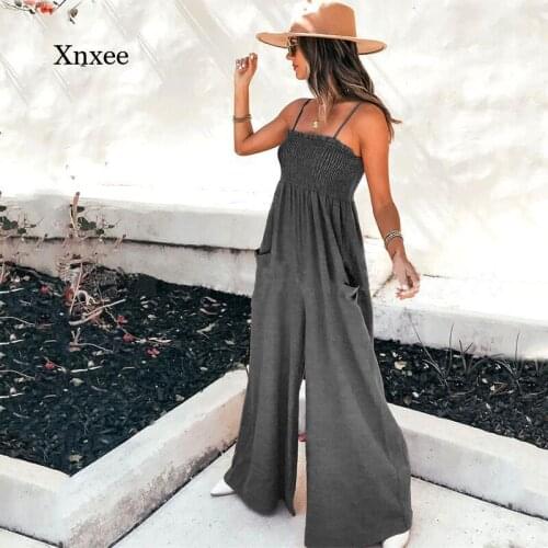 Summer Womens Suspenders Jumpsuit Vacation Leisure Halter Trousers Solid Color Wide-Leg Pants with Pockets Ladies Ruffled Long
