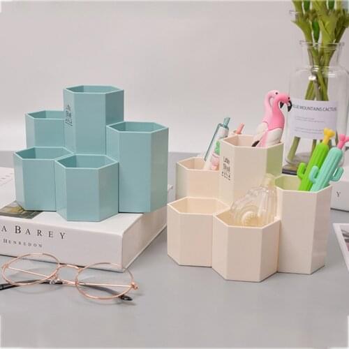 Large Capacity Cute Pen Holder Desk Accessories Pencil Storage Box Desktop Organizer Hexagon Case School Office Stationery