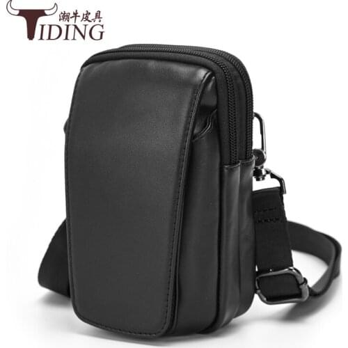 Men Travel Waist Bag Genuine Leather Man Black Casual Mini Mobile Waist Bags Cow Leather Male Bag
