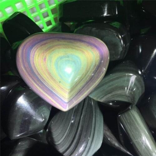 Natural rainbow obsidian heart quartz crystal Palm stone healing crystals polished stone