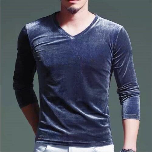 2020 Autumn Men Slim Fitness Velvet T-Shirts Vintage Long sleeves Tee Tops V-Neck Velour Shirts Plus Size M-7XL