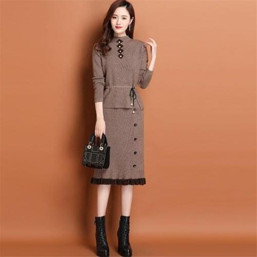 Autumn Winter Knitted Womens Sets O Neck Long Sleeve Short Sweaters Knee-Length Skirts Solid Sets For Ladies