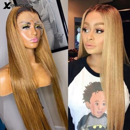 1b/27 T Part Human Hair Wigs Ombre Honey Blonde Lace Front Wig Straight Colored 5x5 PU Silk Top Human Hair Wig Brazilian Remy