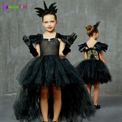 Fallen Angel Dark Gothic Black Halloween Tutu Dress Glitter Wings Girls Halloween Evening Party Ball Gown Evil Witch Costume
