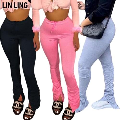 LINLING Casual Solid Elastic Waist Lace Up Fashion Hot Girl Versatile Fold Pile Split Bodycon Pants