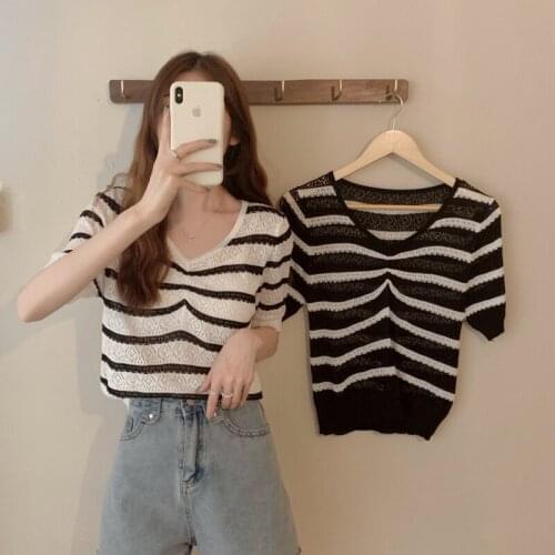 Shirt Striped Hollow Thin Short-sleeved Sweater Women Summer New Korean Version Loose and Thin All-match Top