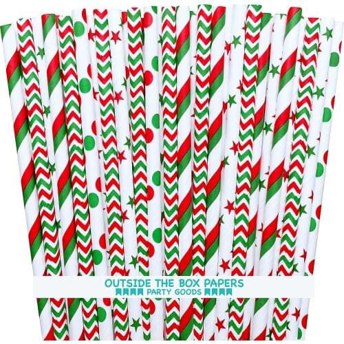 Green and White Stars Stripes and Polka Dot Paper Straws Christmas Holiday Party Supply Biodegradable 7.75 Inches Pack of 100
