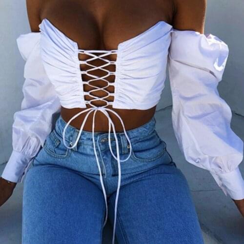 Women Blouse Solid Casual Sexy Fall Spring Clothes Lady High-street Long sleeve Off shoulder Slash neck Lace-up Sexy Tube Tops