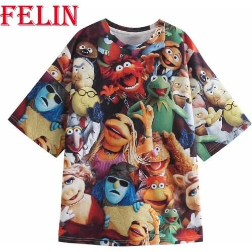 Za Streetwear Carton Print Cotton T-Shirts Women Fashion 2021 Oversized Summer Short Sleeve Tops Mujer Chic T-Shirts