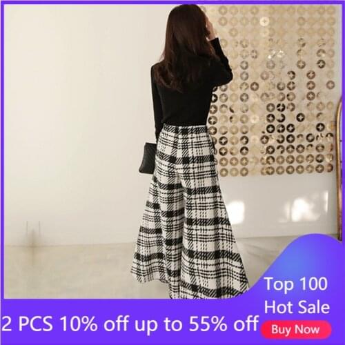 Plaid wide-legged pants for women autumn winter loose thick trousers bell-bottomed pants 6997