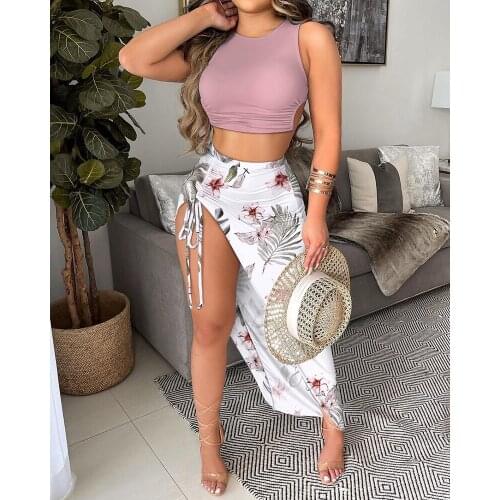 2021 Fashion 2 Pieces Set Skirts Women Drawstring Ruched Top & Floral Print High Slit Skirt Set Casual Summer Suit Women