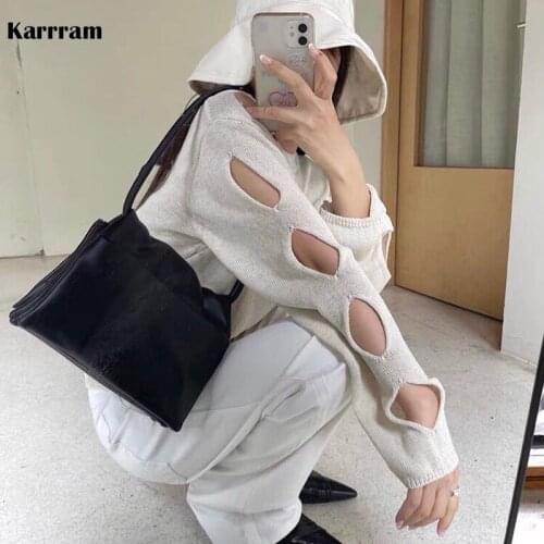Karrram Korean Style Hollow Out Pullovers Loose Hole Design Ladies Jumpers Oversize Chic Women Knit Sweaters Japanese Streetwear