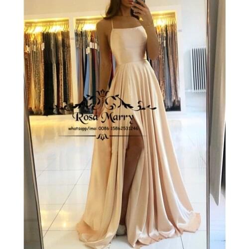 Sexy Champagne Backless Prom Dresses 2K20 A Line Halter Plus Size Cheap Long High Split Girls 2020 Formal Celebrity Evening Gown