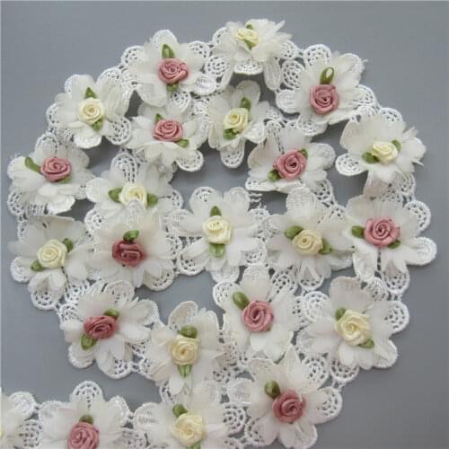 10X White Chiffon Colourful Rose Flower Embroidered Lace Trim Ribbon Fabric Sewing Supplies Craft For Costume Decoration 5.2cm