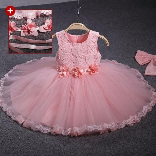 2021 Summer Dress For Girls Princess Dress With Flower Belt Big Bow Baby Girl Lace Party Wedding Dress Infant Vestidos