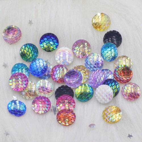 40pcs 10mm Mix Colors Mermaid Fish Scale Flat back Rhinestone Round Cabochon Embellishment Scrapbooking DIY Crafts-Z105