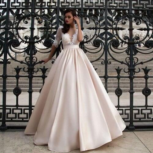 New Champagne Satin Ball Gown Wedding Dresses with Pocket Half Sleeve Back illusion Princess Bridal Gowns vestido de noiva
