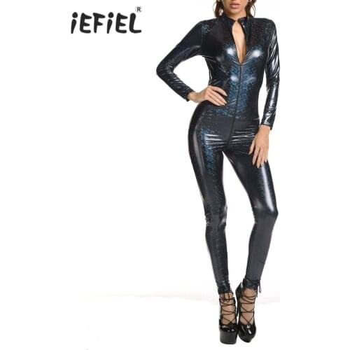 Womens Wet Look Patent Leather Bodysuit Mock Neck Long Sleeve Romper Leotard Stylish Printed Zipper Catsuit Stage Show Costume
