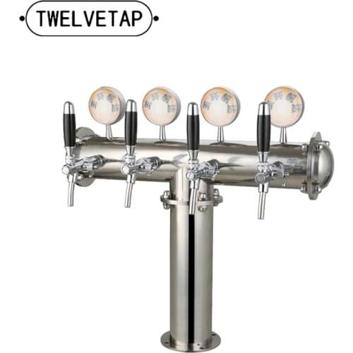 TWELVETAP T Type 4 Lines Big Beer Column Stainless Steel Tower With 4 Tap With Led Light Medallion Drink Filling Brewing FD-T-04