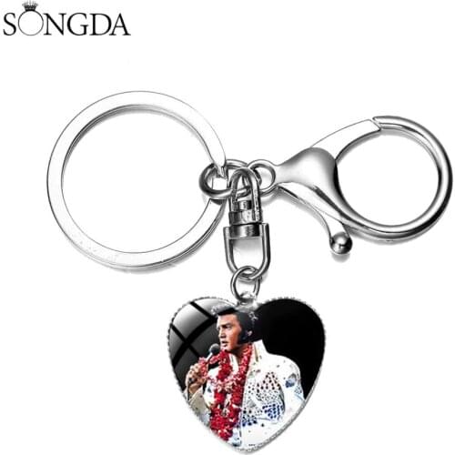 Monumental Elvis Presley Love Heart Keychain Famous Rock Star Nostalgic Photo Glass Gem Lobster Clasp Key Ring Chain Gift