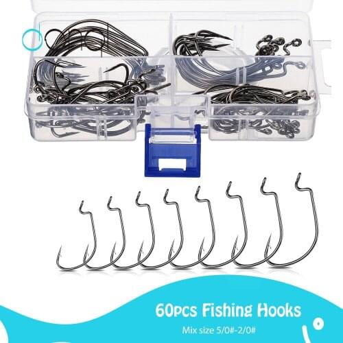 DONQL 60pcs Wide Crank Fishing Hooks Offset Fishhook Mixed Size 5/0#-2/0# Barbed Carp Hook For Fishhook Lure Link Tackle
