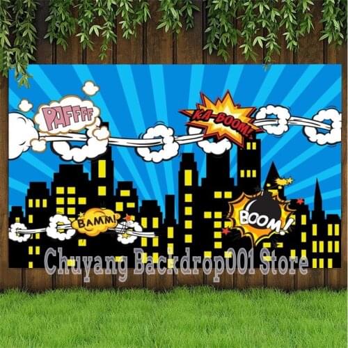 Superhero Photo Backdrop City Buildings Boys Birthday Party Baby Shower Photography Background Decor Banner Studio Prop