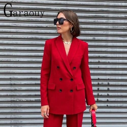 Garaouy 2021 New Women Spring Autumn Wear British Style Double-breasted Slim-fit Double-breasted Solid Color Red Suit Jacket ZA
