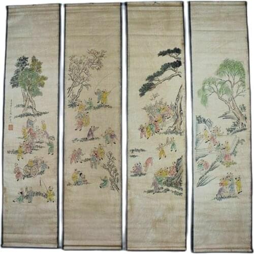 China Old Scroll Painting Four Screen Paintings Middle Hall Hanging Painting Zhang Hongqians Landscape Paintings