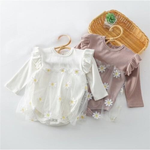New Born Baby Romper for Girl Cute Mesh Little Daisy Jumpsuit 2021 Autumn New Long Sleeve Cotton Kids Clothes Girls 0-3 Years