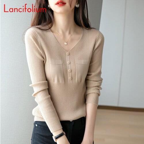 Korean Elegant Sweater Button Up V Neck Pullover 2020 White Khaki Slim Harajuku Autumn Fall Winter Knit Sweater Solid Jumper