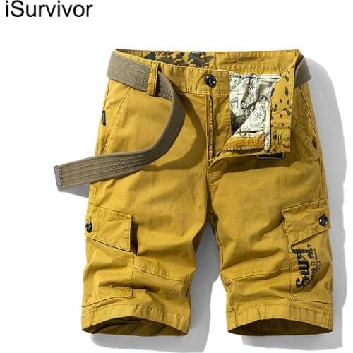 ISurvivor 2021 Summer New Casual Shorts Mens Casual Loose Five-Point Pants Cotton Solid Color Casual Multi-Pocket Overalls