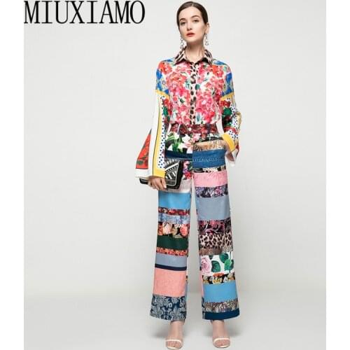 MIUXIMAO 2021 Fashion Set Summer New Party Vacation Long Sleeve Shirts Casual Loose Trousers Vintage Print Two-Piece Suit Women