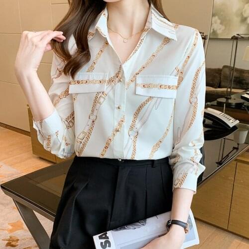 Fashion chained print ladies shirts Womens Blouses 2021 Spring Autumn Long Sleeve Shirts Tops Blusas Mujer