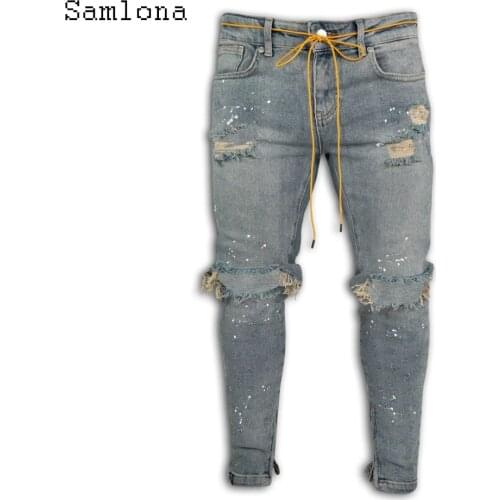 Mens Skinny Jeans Sexy Hole Ripped Denim Pants Streetwear Fashion 2020 European and American style Pantalon Drawstring Trousers